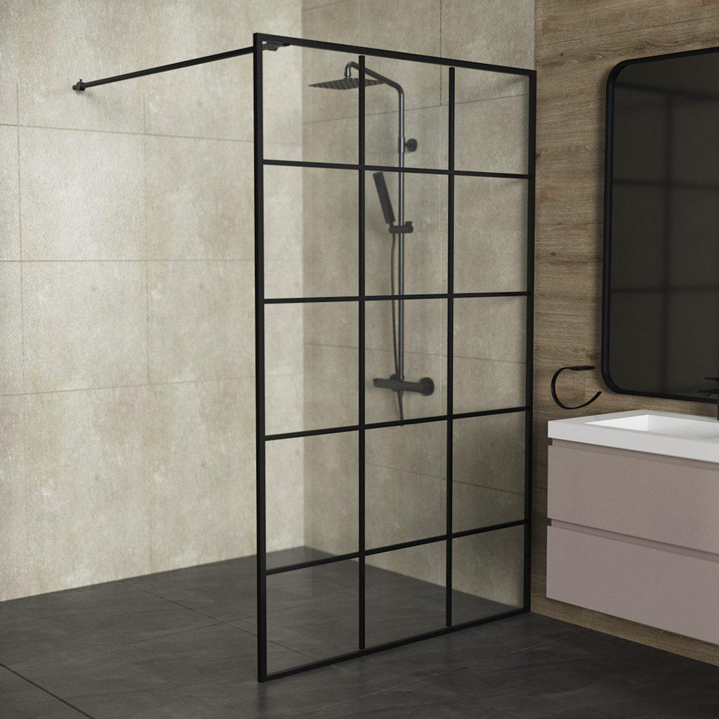 Mampara para baño, diseño tipo “reja” en negro mate - Decor Center
